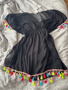 Black Tassel-Trim Swim Coverup Tunic